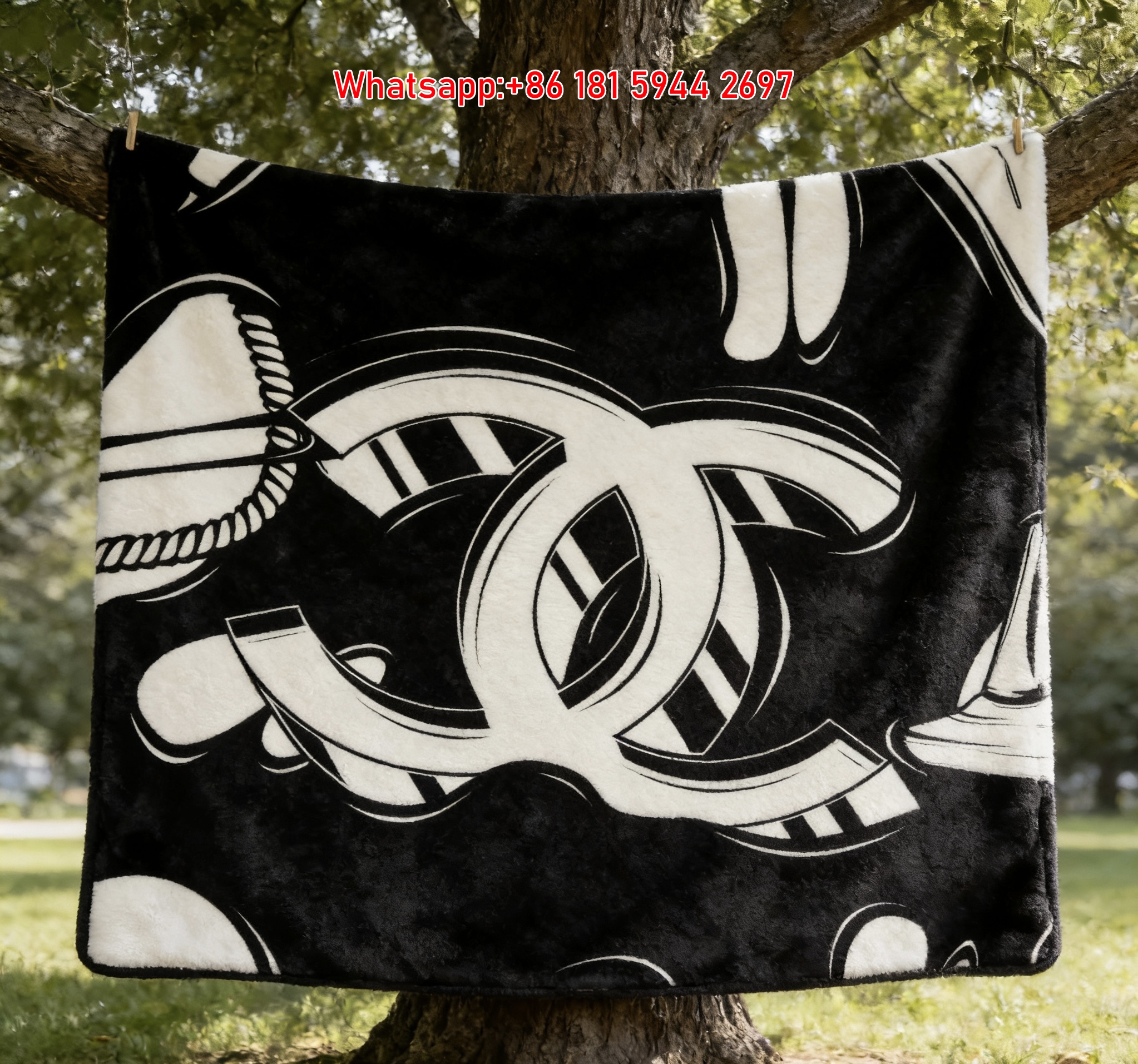 Chanel Black & White Striped CC Logo Flannel Sofa Throw Blanket IMG_7020